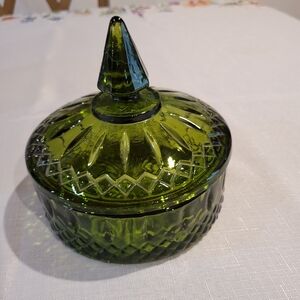 Vintage Indiana Glass Princess Pattern Lidded Candy Dish Green